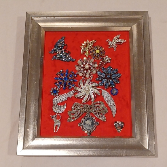 Floral Brooch Picture Art Silver Frame on Red Minky Background